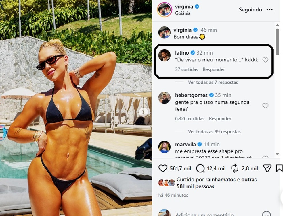 Latino deixa coment&aacute;rio sugestivo em foto de Virginia de biqu&iacute;ni &mdash; Foto: Reprodu&ccedil;&atilde;o/Instagram