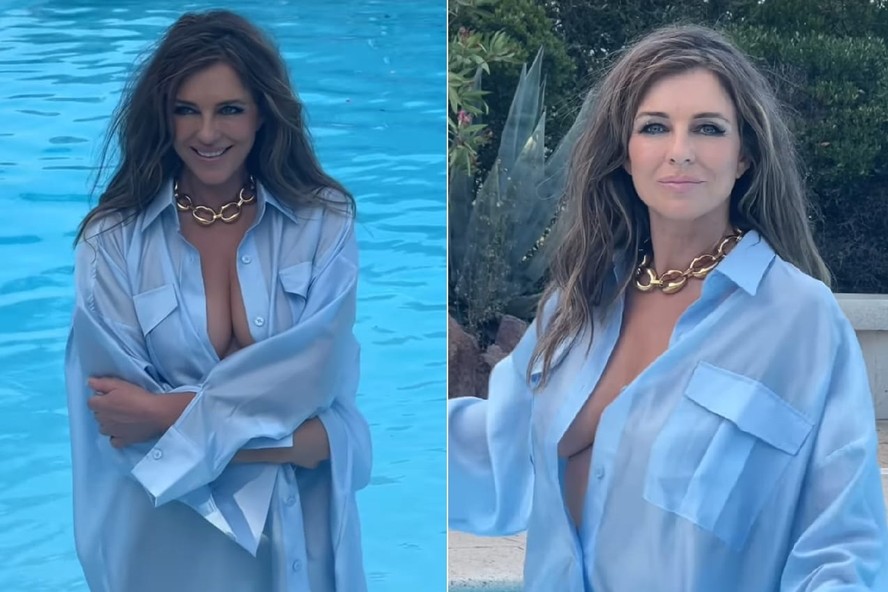 Elizabeth Hurley no ensaio que fez na piscina para a revista