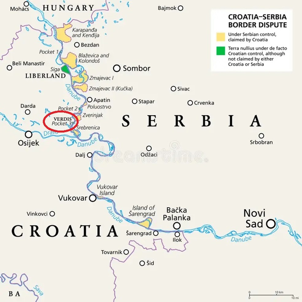 Localiza&ccedil;&atilde;o de Verdis, tamb&eacute;m conhecido como Pocket 3, na fronteira entre S&eacute;rvia e Cro&aacute;cia &mdash; Foto: Reprodu&ccedil;&atilde;o