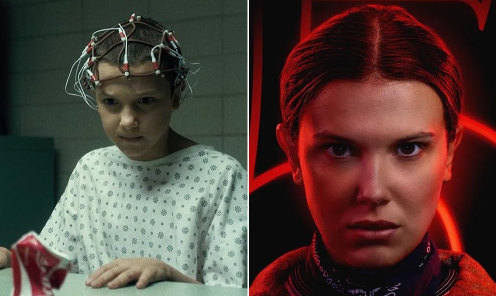 Eleven (Millie Bobby Brown) na primeira e na &uacute;ltima temporada de 'Stranger things' &mdash; Foto: Reprodu&ccedil;&atilde;o/IMDB