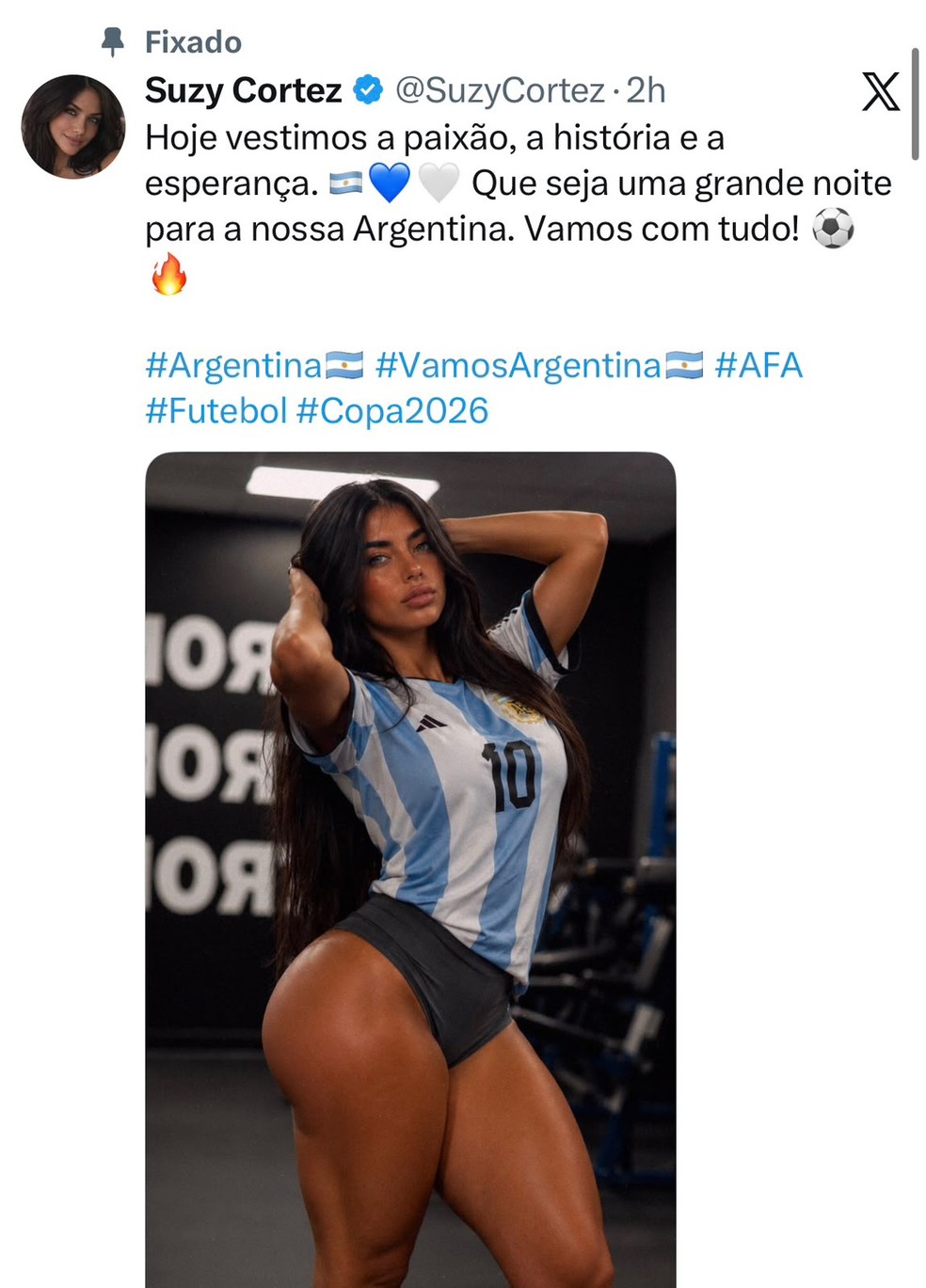 Suzy Cortez declara torcida para Argentina — Foto: Reprodução/X