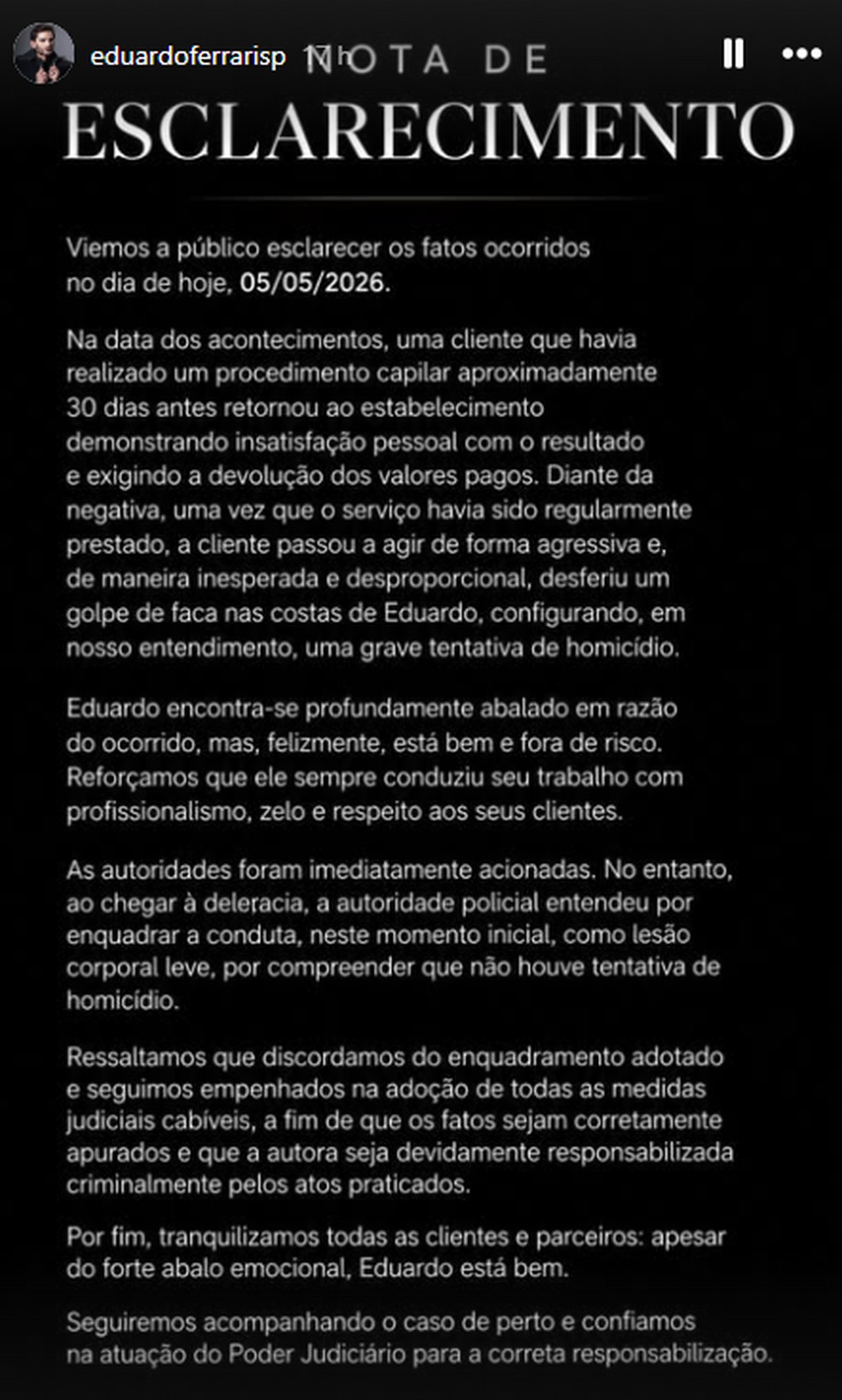 Nota publicada pelo cabeleireiro Eduardo Ferrari — Foto: Reprodução