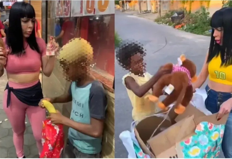Influenciadoras presenteiam crianças negras com banana e macaco de pelúcia
