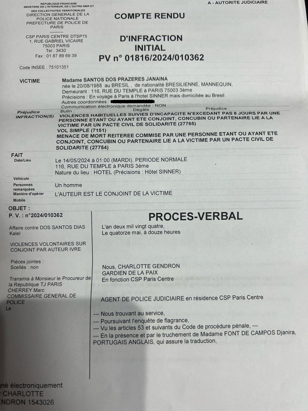 Janaína Prazeres registrou boletim de ocorrência em um delegacia de Paris — Foto: Reprodução
