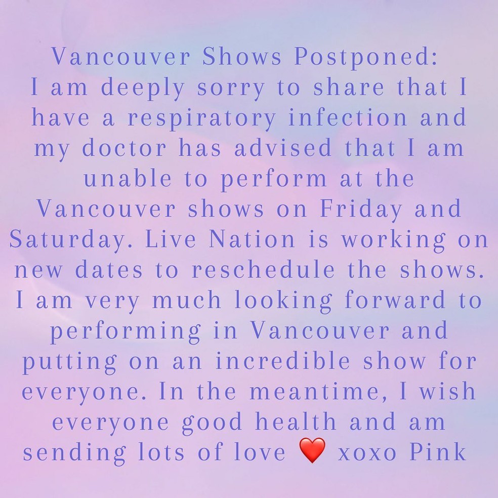 Pink cancela cinco shows em menos de um mês por conta de problemas de  saúde: 'Estou tão desapontada