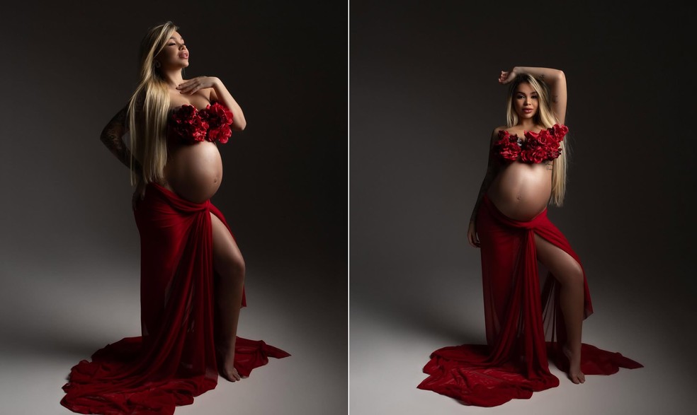 Treyce, de 'Lovezinho', se surpreende com própria barriga de grávida — Foto: Priscila Lamblet/Reprodução/Instagram