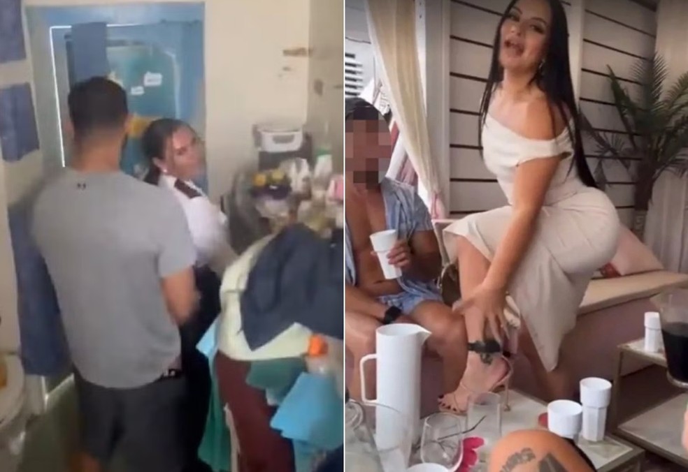 Linda de Sousa Abreu fazendo sexo com detento (à esquerda) e exibindo tornozeleira eletrônica em clube londrino — Foto: Reprodução/TikTok