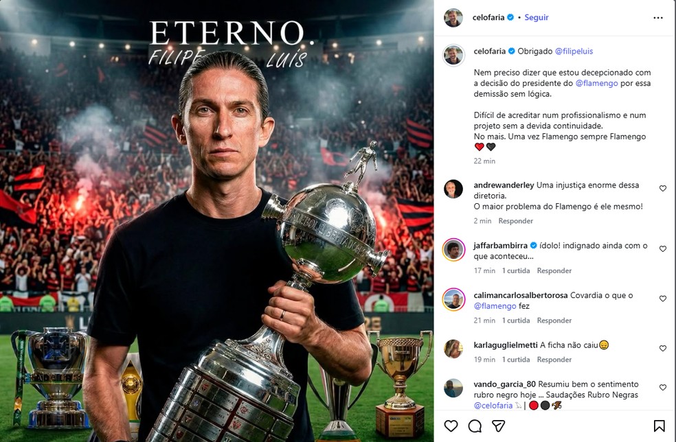 Marcelo Faria critica demissão do técnico Felipe Luiz — Foto: Reprodução/ Instagram