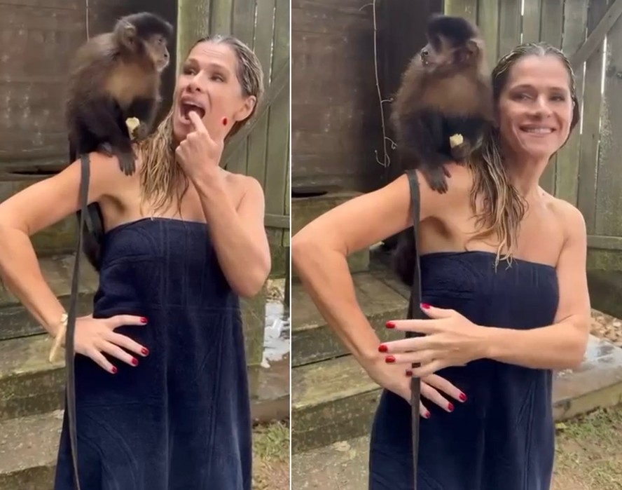 O macaco Katu no set de filmagens com Ingrid Guimarães