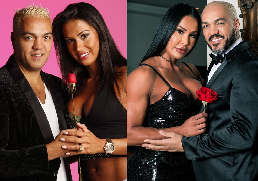 Belo e Gracyanne no início do relacionamento, em 2009, e em junho de 2023 — Foto: Gustavo Azeredo e Márcio Farias
