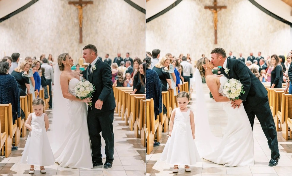 Daminha de honra Josie Hidalgo rouba a cena com reação a beijo no casamento dos pais — Foto: Reprodução/TikTok