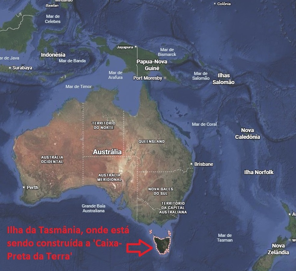 A 'Caixa-Preta da Terra' está sendo construída na Tasmânia (Austrália) para resistir ao 'apocalipse' — Foto: Reprodução/Google Maps