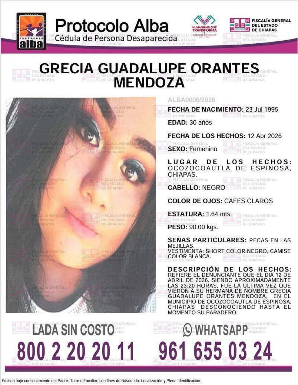 Cartaz usado para buscas por Grecia Guadalupe Orantes Mendoza, de 30 anos, no México — Foto: Divulgação