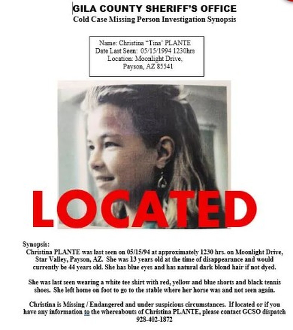 Christina Marie Plante foi localizada após desaparecer em maio de 1994 — Foto: Reprodução