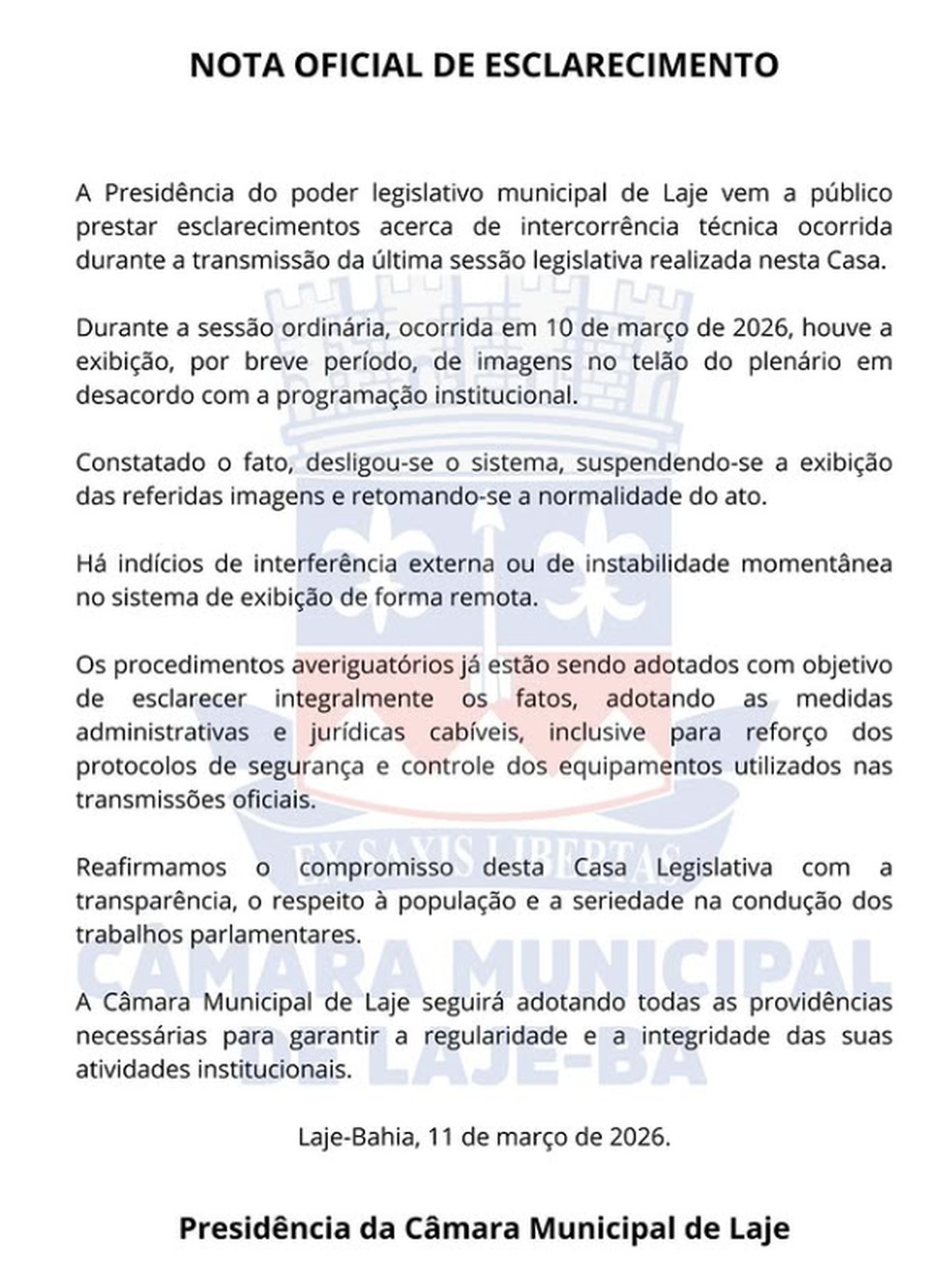 Nota oficial publicada pela presidência da Câmara Municipal de Laje — Foto: Divulgação/Câmara Municipal de Laje
