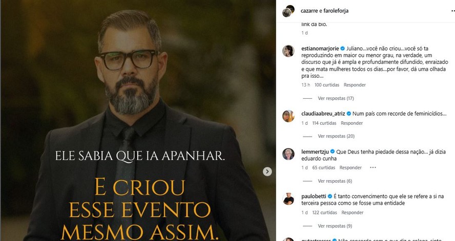 Juliano Cazarré anuncia projeto voltado ao público masculino e é criticado por famosos: 'Discurso que mata mulheres todos os dias'