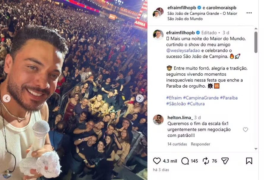 Justiça manda Instagram derrubar imagens de Wesley Safadão fazendo símbolo de pré-candidato durante São João na Paraíba