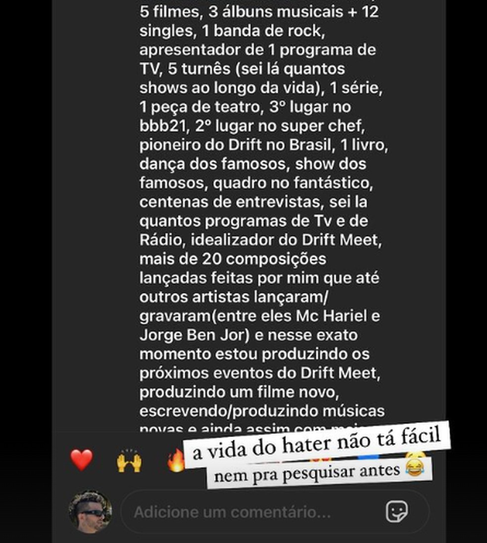 Fiuk responde seguidor que disse que ele n&atilde;o trabalha &mdash; Foto: Reprodu&ccedil;&atilde;o/Instagram