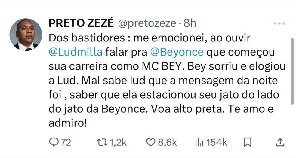Ativista Preto Zez&eacute; relata como foi o encontro entre Ludmilla e Beyonc&eacute; &mdash; Foto: Instagram