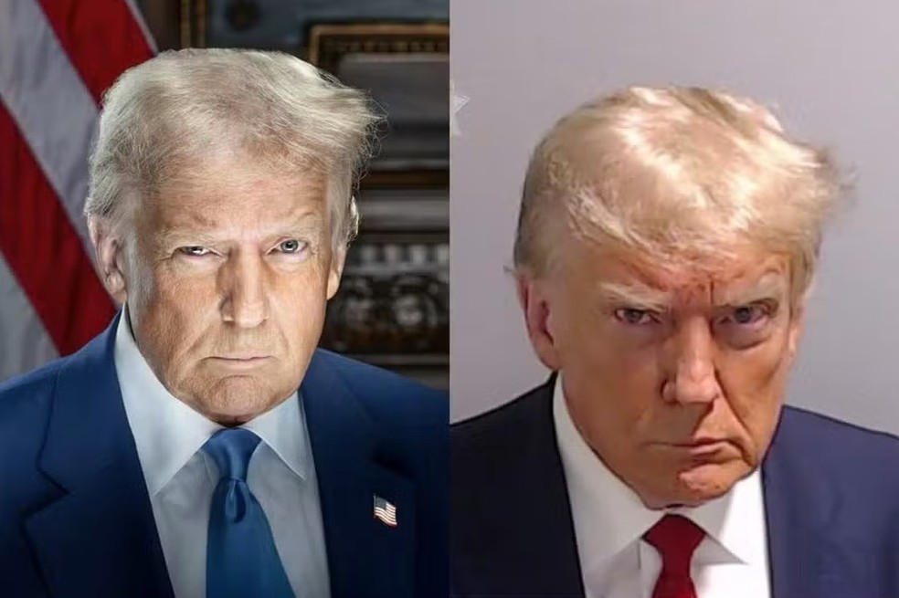 A primeira foto oficial de Trump na Presid&ecirc;ncia dos EUA (pela segunda vez) remete &agrave; foto de quando o republicano foi fichado na pol&iacute;cia do estado de Ge&oacute;rgia, em 2023 &mdash; Foto: Reprodu&ccedil;&atilde;o