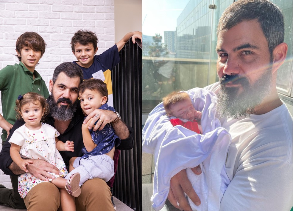 Juliano Cazarré com os filhos na capa da Canal Extra de 2022 — Foto: João Miguel Júnior e Reprodução/Instagram