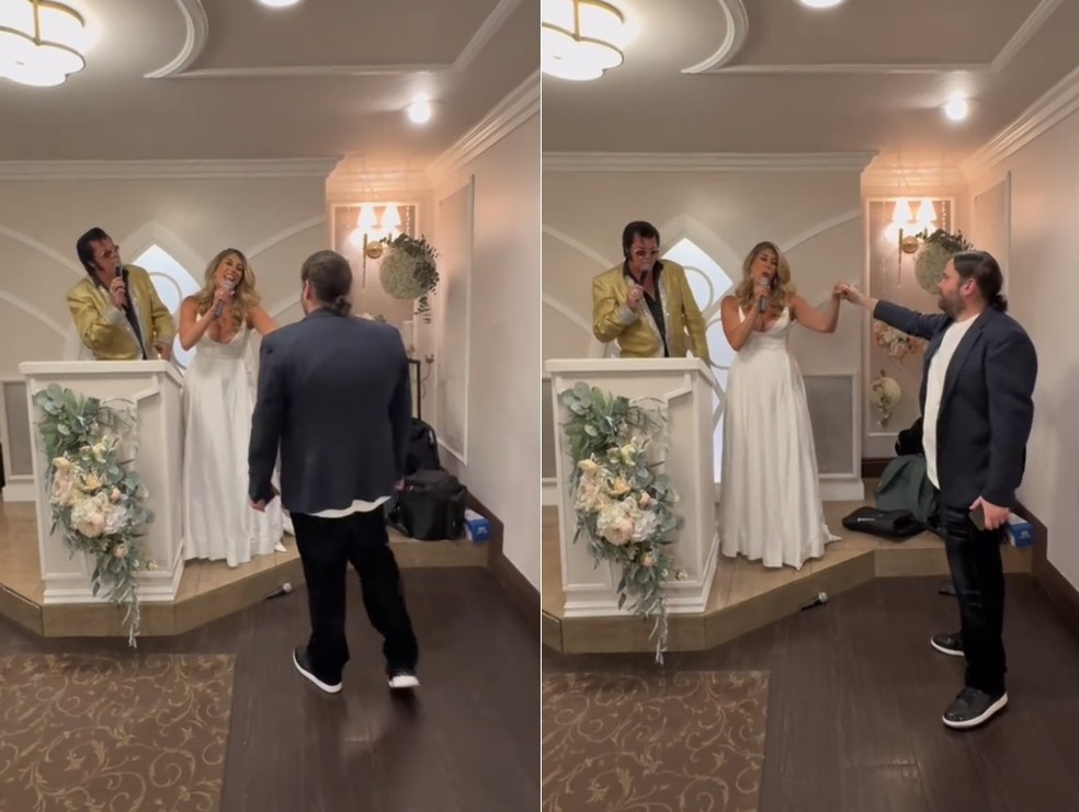 Ortal Edri 'resgata' o noivo constrangido, Shamir Fink, durante casamento em Las Vegas — Foto: Reprodução/TikTok