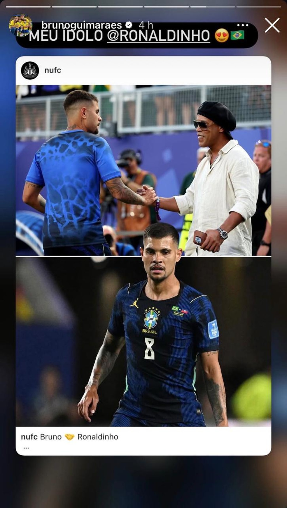 Bruno Guimarães cumprimenta Ronaldinho antes do jogo Brasil x Haiti na Copa do Mundo — Foto: Reprodução / Instagram