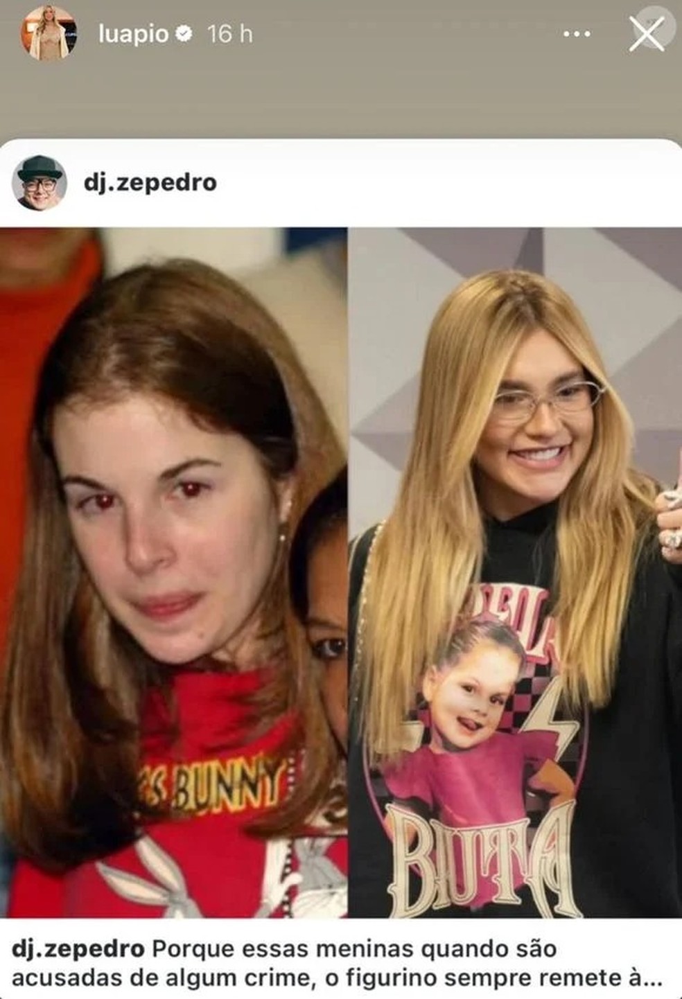 Por meio dos stories, Luana Piovani compartilhou uma publicação que comparava a imagem de Virginia Fonseca a Suzane Von Richthofen — Foto: Instagram/reprodução