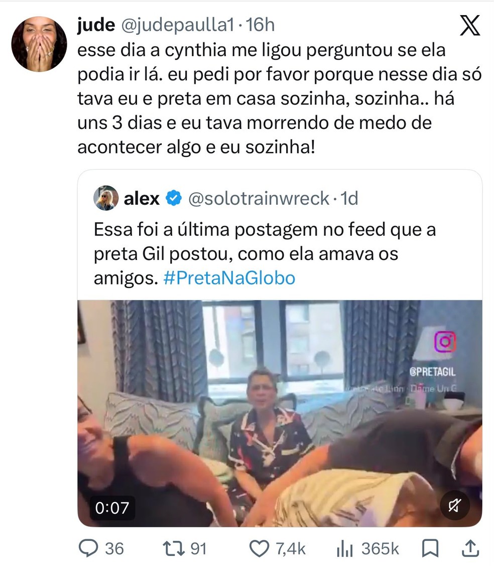 Amiga revela bastidor emocionante da última postagem de Preta Gil — Foto: Reprodução/X