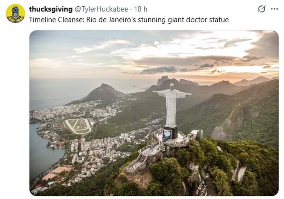 'Limpeza da Linha do Tempo: A impressionante estátua gigante de médico no Rio de Janeiro' — Foto: Reprodução/X