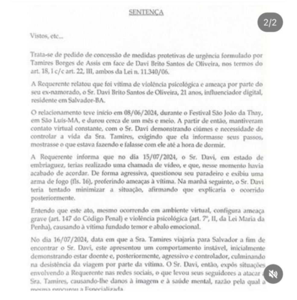 Justiça concede medida protetiva à Tamires Assis após suposta ameaça de Davi Brito — Foto: Reprodução