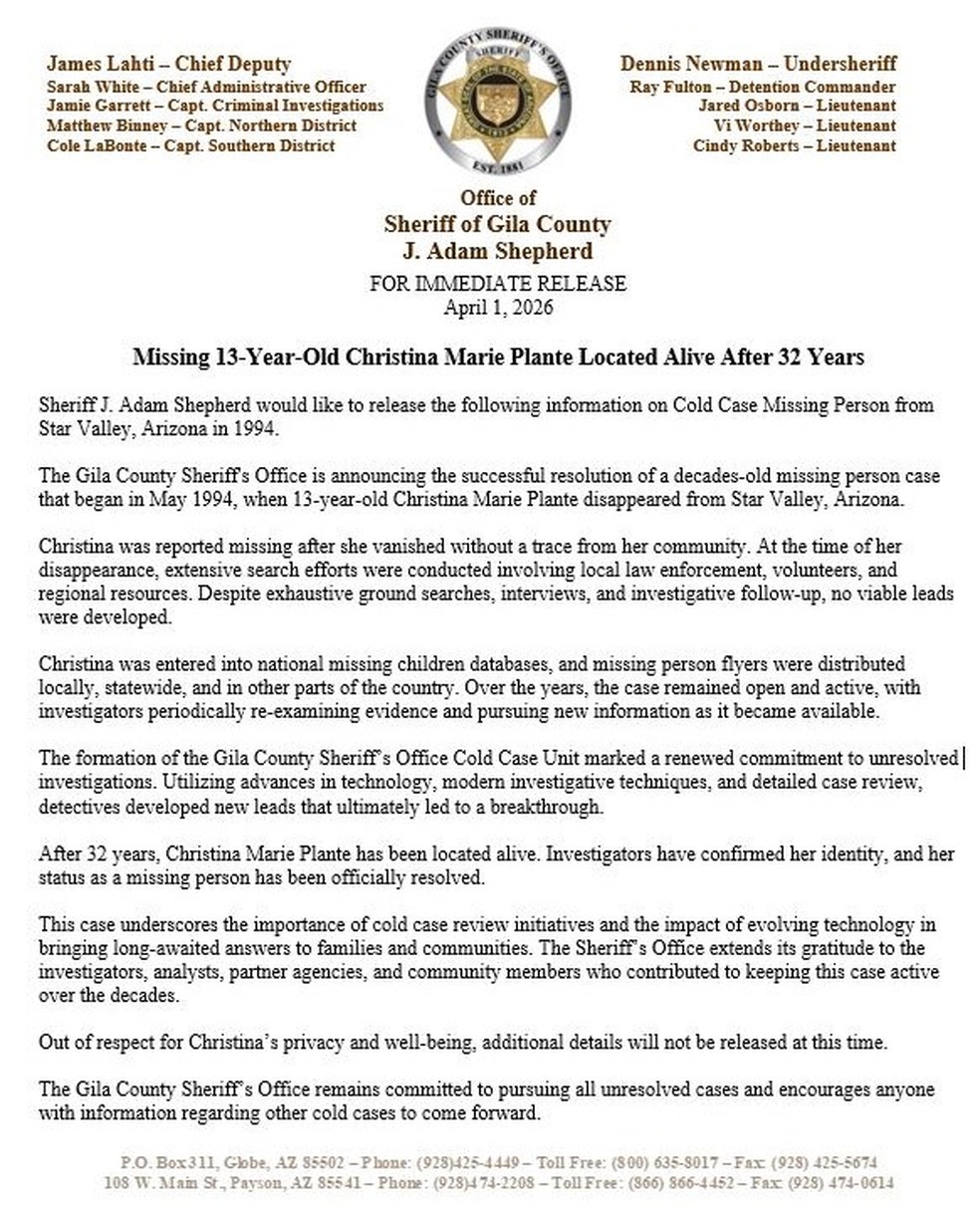 Em nota, polícia diz que não divulgará detalhes do caso de Christina Marie Plante em respeito à sua privacidade — Foto: Reprodução