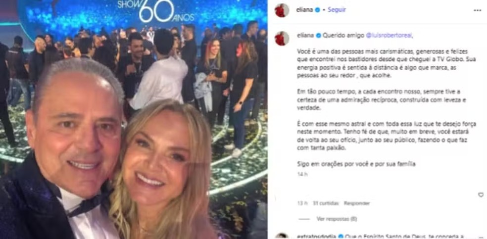 Eliana deseja melhoras ao Luis Roberto — Foto: Reprodução / redes sociais