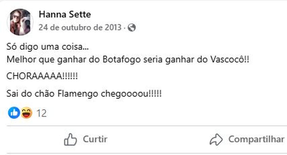 Hanna Santos comemora vitória do Flamengo sobre o Botafogo em 2013 — Foto: reprodução
