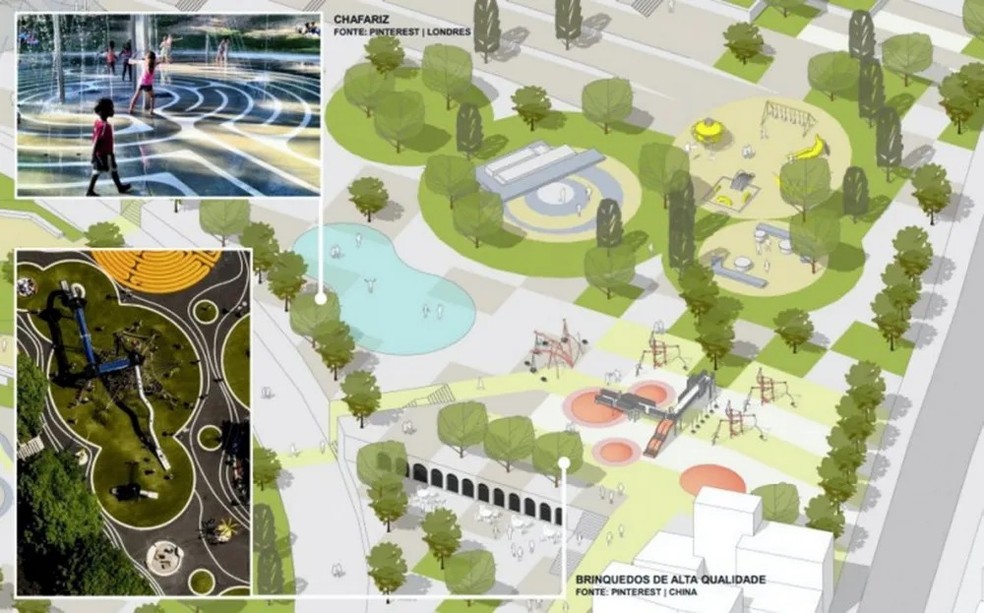 Parque Piedade, a ser construído no lugar do antigo campus da Gama Filho, terá áreas verde e espaços destinados a esportes — Foto: Divulgação/Prefeitura do Rio