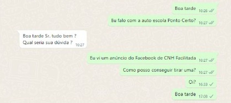 Troca de mensagens com o WhatsApp com o falso atendente da autoescola de Ribeirão Preto — Foto: Reprodução/WhatsApp