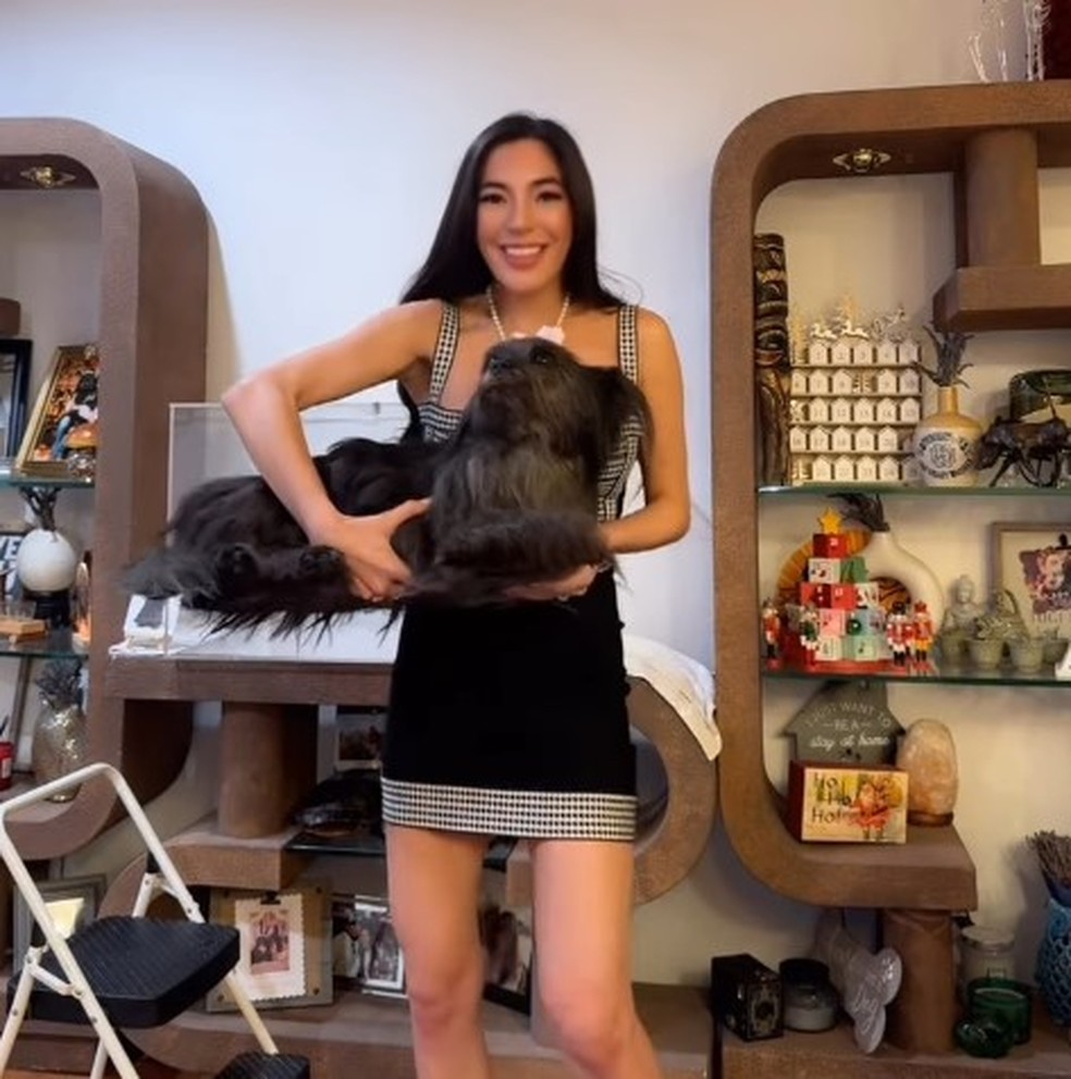 Chloe Chung e o cadáver da sua cadela de estimação liofilizado — Foto: Reprodução/Instagram