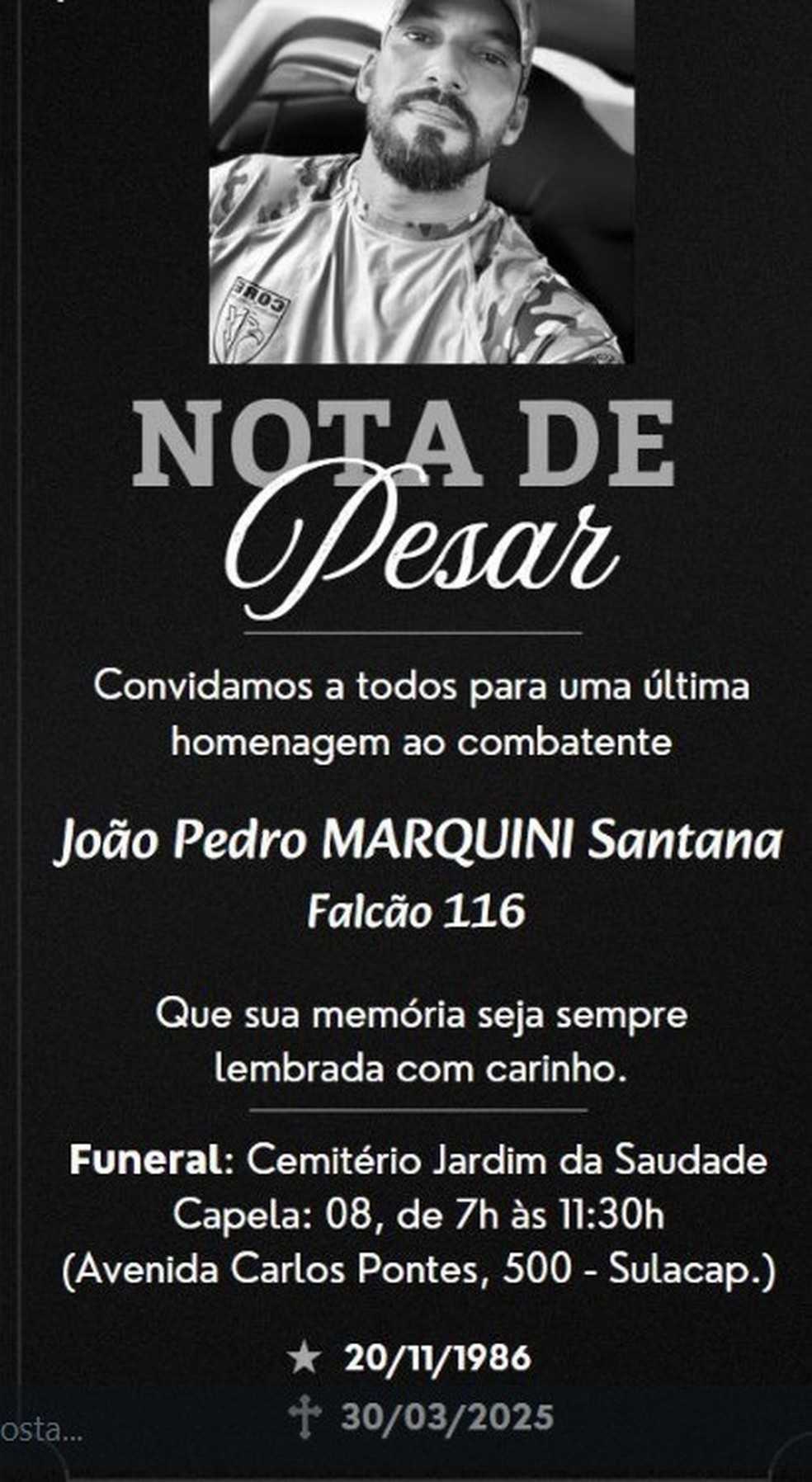Corpo de policial civil João Pedro Marquini será sepultado nesta terça-feira — Foto: Reprodução