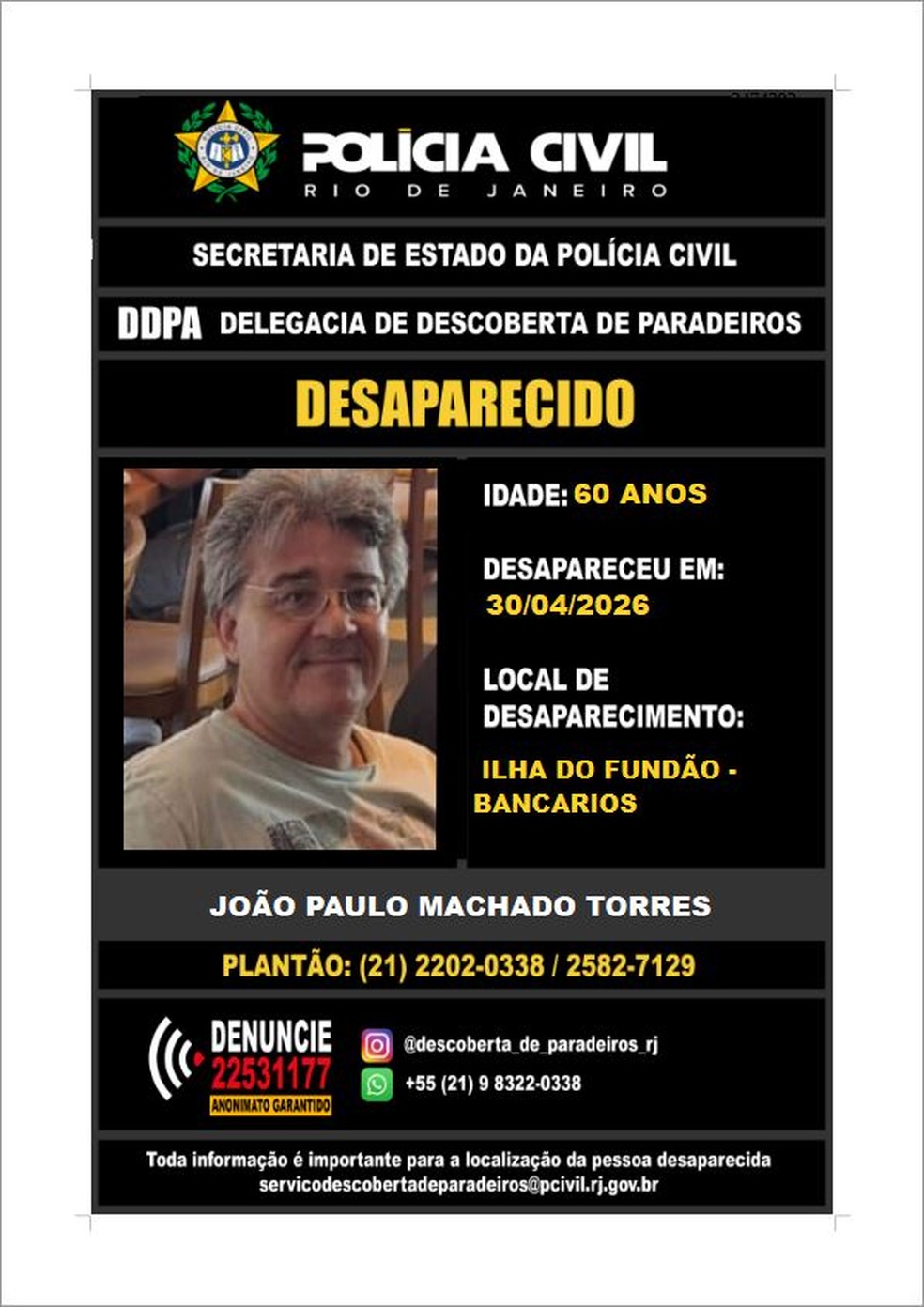 Cartaz de desaparecido produzido pela Polícia Civil — Foto: Divulgação