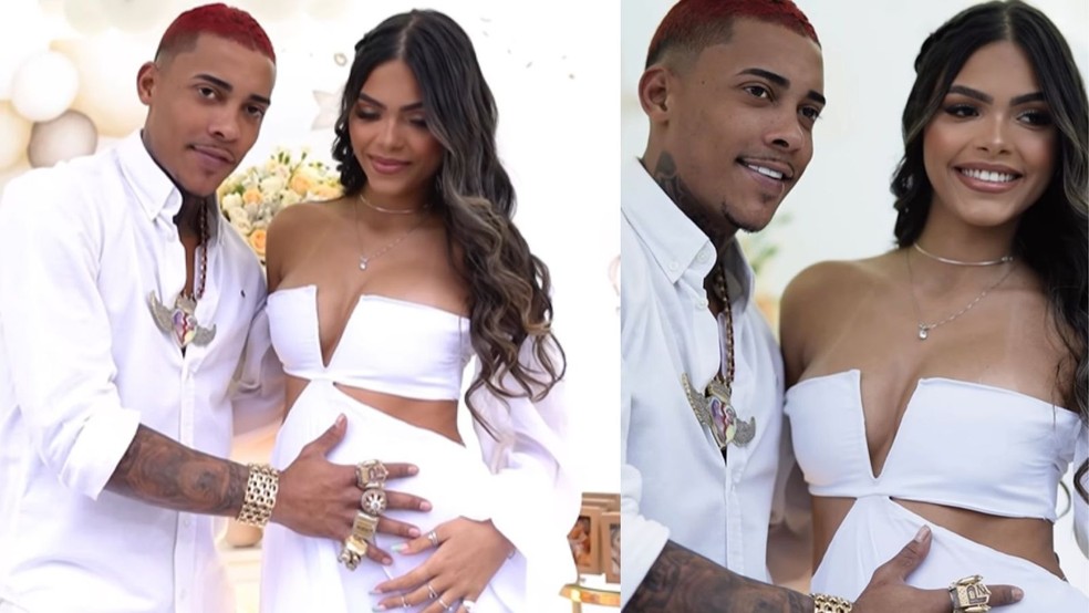 MC Poze e Isabelly Pereira em maio, no Chá Revelação da quarta filha do funkeiro — Foto: Instagram