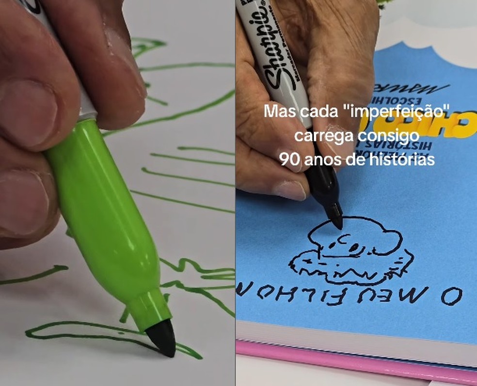 Maurício de Sousa, aos 90 anos, estava achando ruim desenhar, por conta dos traços trêmulos — Foto: Reprodução/Instagram