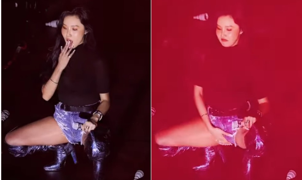 A cantora HWASA foi denunciada por fazer um "gesto obsceno" durante performance em festival universitário — Foto: Reprodução/Youtube
