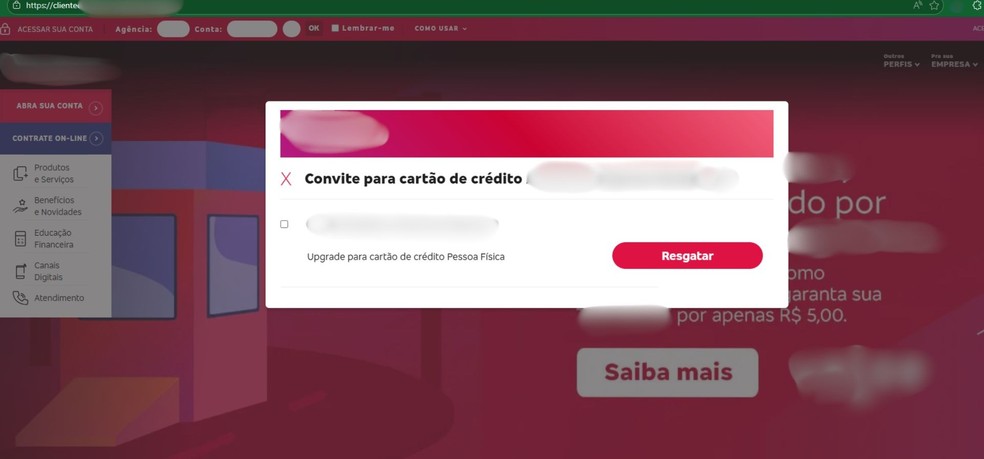 Veja um exemplo de site do golpe do upgrade do cartão de crédito — Foto: Reprodução