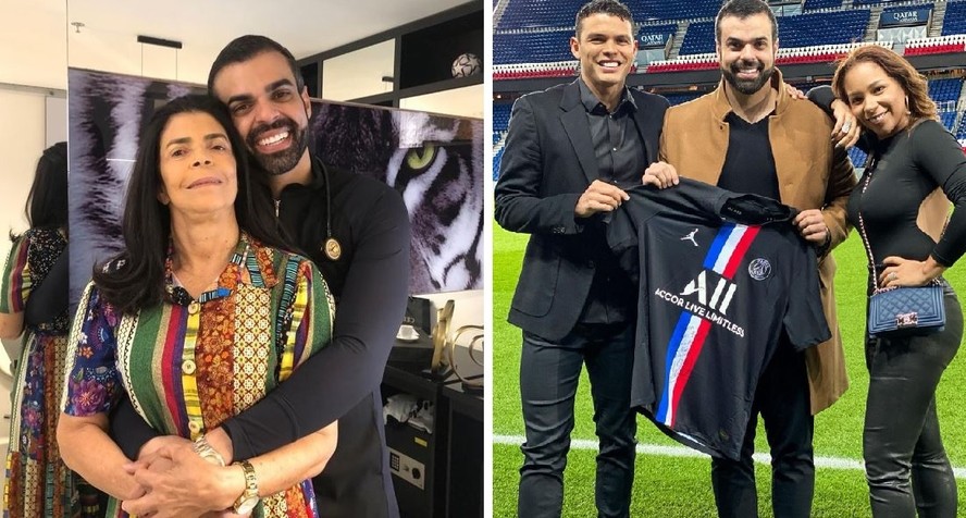 Douglas Tigre com a mãe, Silene, e o jogador Thiago Silva e sua mulher, Belle Silva