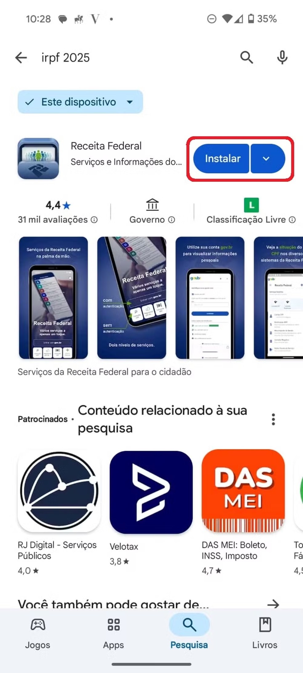 A tela inicial para baixar o app da Receita Federal na PlayStore (Android) — Foto: Reprodução