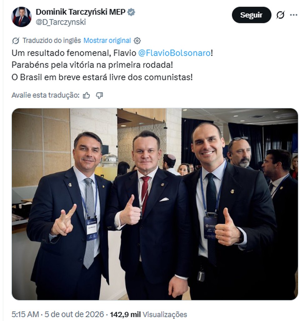 No mesmo dia, ele fez post parabenizando Flávio Bolsonaro — Foto: Reprodução