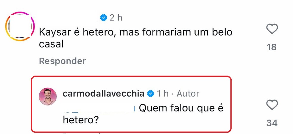 Carmo Dalla Vecchia entrega sexualidade do ex-BBB Kaysar — Foto: Instagram