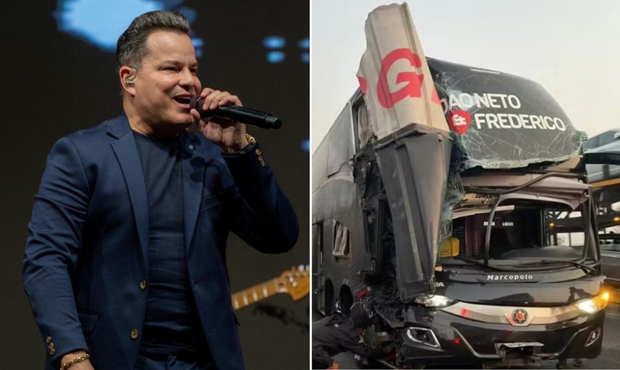 João Neto cantando e ônibus do sertanejo após acidente