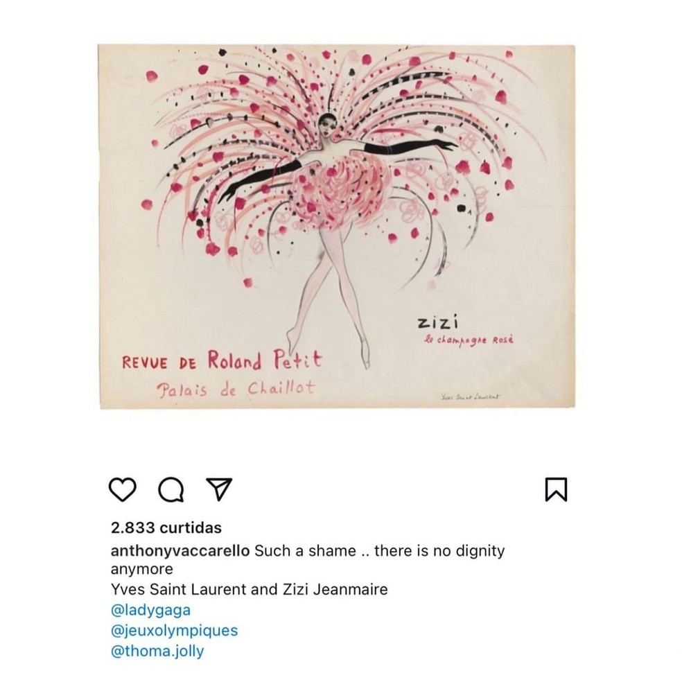 Postagem critica pl&aacute;gio em vestido de Lady Gaga na cerim&ocirc;nia de abertura dos Jogos Ol&iacute;mpicos de Paris 2024 &mdash; Foto: Reprodu&ccedil;&atilde;o