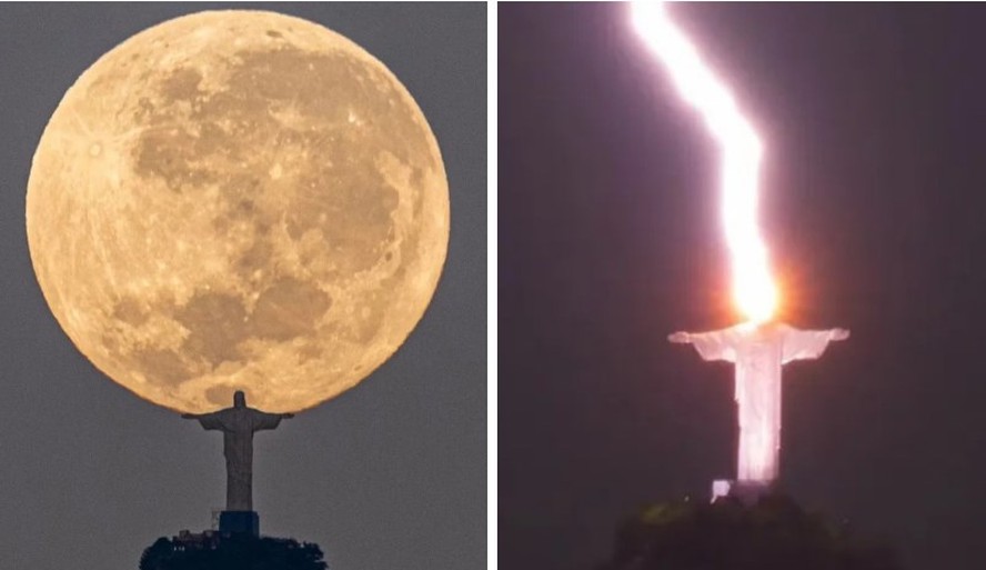 Dois momentos em que o Cristo viralizou: ao 'abraçar' a lua cheia e ao ser atingido por um raio